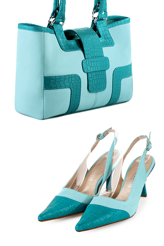 Aquamarine blue women's dress handbag, matching pumps and belts. Top view - Florence KOOIJMAN